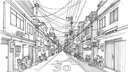 Urban street perspective line art illustration with buildings, bicycles, scooters and power lines detailed cityscape sketch vector © MatRukshana