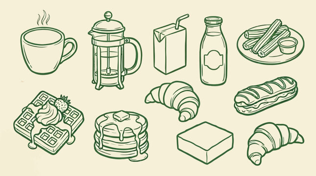 A collection of delicious breakfast items including coffee, pancakes, waffles, croissants, and pastries, presented in a charming line art style.