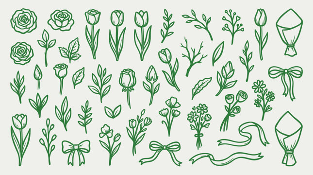 A collection of hand-drawn green floral elements, including roses, tulips, leaves, branches, and bows, presented on a light background.