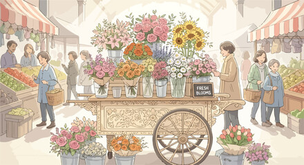 A bustling marketplace scene with a flower cart © Jamal