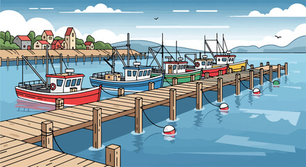 A colorful cartoon illustration of a dock with boats © Jiuaa