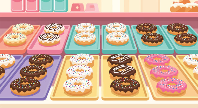 Colorful donuts on trays
