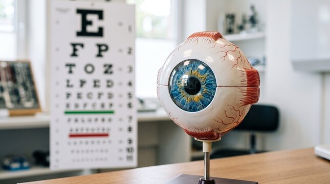 Modelo Anat&oacute;mico del Ojo Humano en Consultorio Oftalmol&oacute;gico con Cartilla Visual