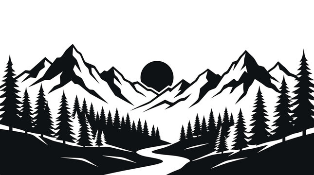 Mountain landscape with forest and river, vector illustration silhouette of mountains, pine trees and winding river