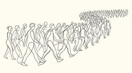 Continuous line drawing of a large crowd of people walking together in a long line, conceptual illustration of unity, community, and social movement © Hikari Vector Studio