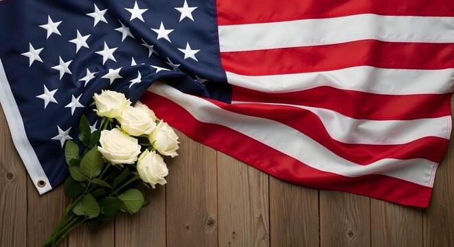 Memorial day remembrance american flag with white flowers on wood