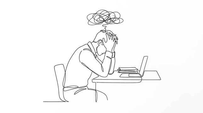 Continuous line drawing of a stressed businessman sitting at a desk with a laptop, feeling overwhelmed and frustrated with work, mental health concept, burnout and anxiety illustration