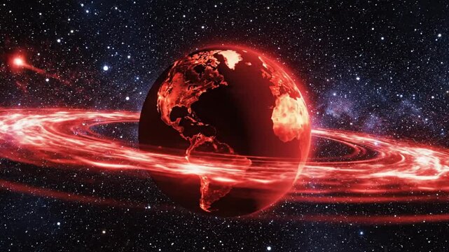 A vibrant red planet with glowing rings and swirling nebulae in a starry galaxy background with bright lights and cosmic dust