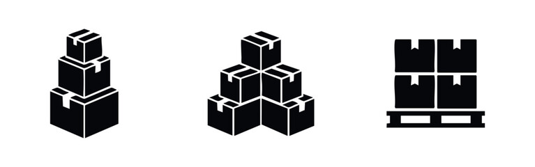 Obraz premium Set of black silhouette icons depicting stacked cardboard boxes and cargo on a pallet for logistics, warehouse, shipping, and delivery themes.