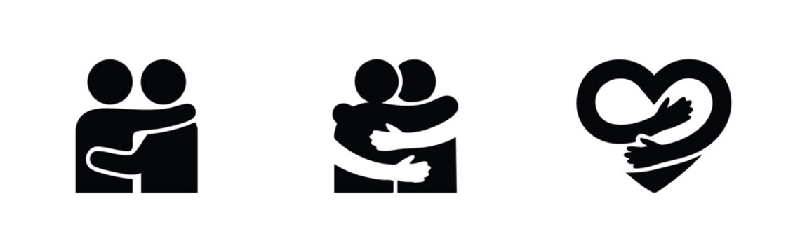 A collection of three black silhouette icons depicting hugging, empathy, and love, featuring people embracing and a heart with hugging arms.