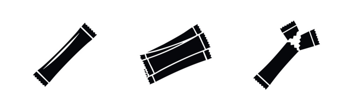 Black icons of sugar or salt stick sachets: single closed packet, a stack, and a torn open pack. Minimalist vector design on white background.
