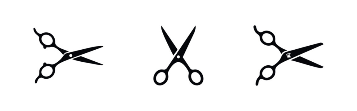 Professional hair cutting, craft, and pet grooming scissor silhouettes in a minimalist black icon set on a clean white background.