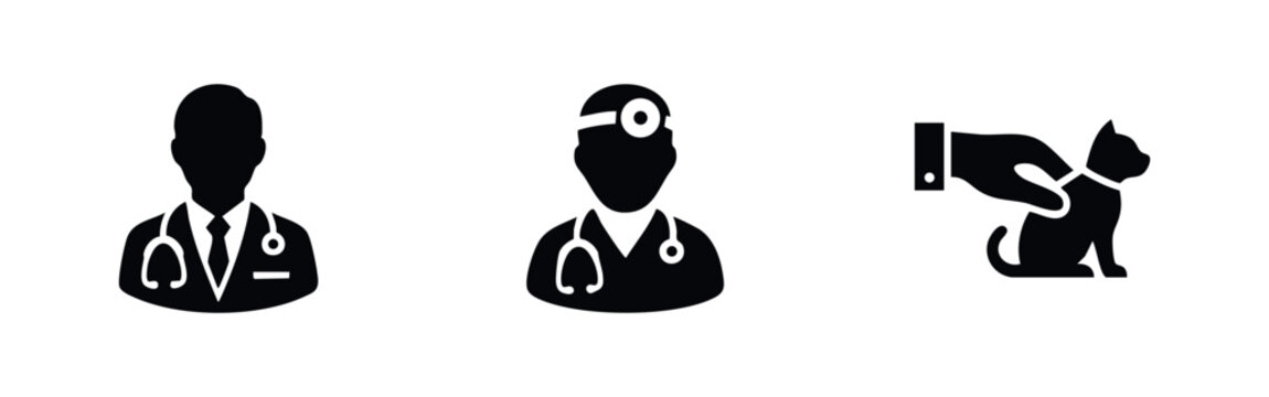 Set of flat vector icons depicting medical professionals and veterinary care, featuring a doctor, surgeon with head mirror, and pet cat silhouette.