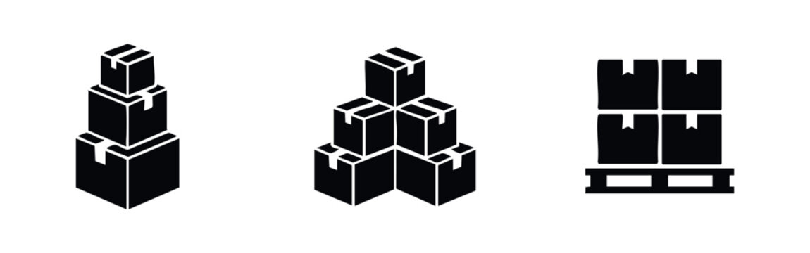 Set of black silhouette icons depicting stacked cardboard boxes and cargo on a pallet for logistics, warehouse, shipping, and delivery themes.