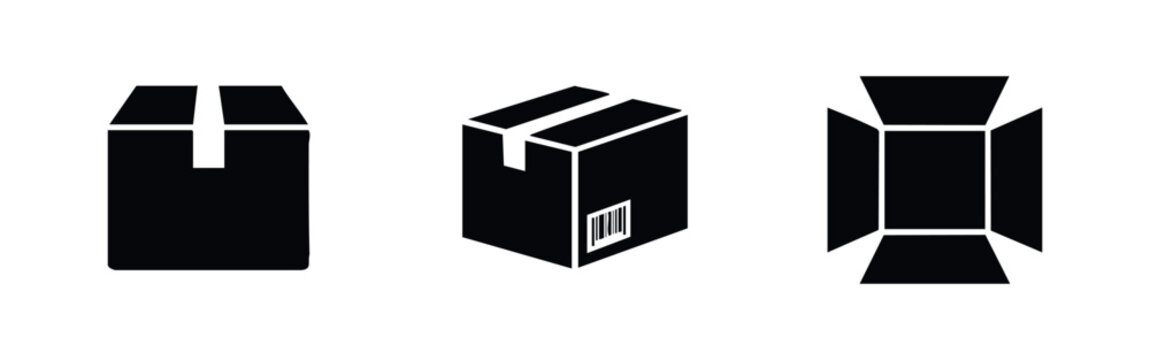 Set of three black box icons representing closed, taped, and open packaging for shipping and logistics on a white background.