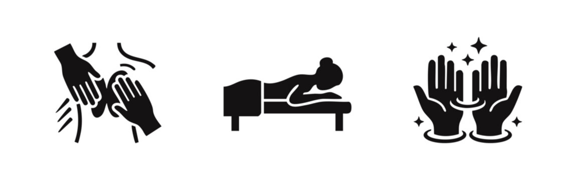 Minimalist black vector icons representing massage therapy, spa wellness treatments, relaxation techniques, and professional bodywork services.