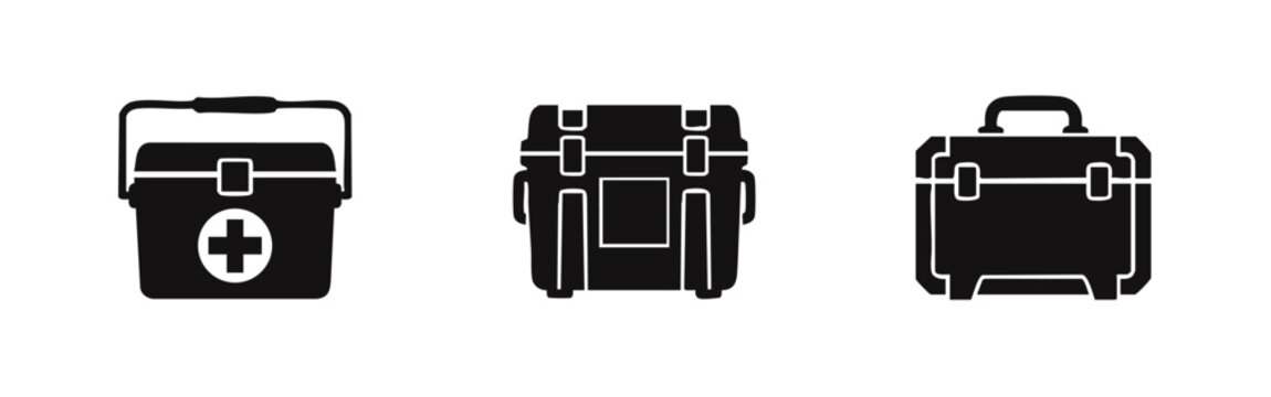Set of three flat black icons featuring a medical first aid kit and two rugged heavy-duty equipment cases, isolated on a white background.