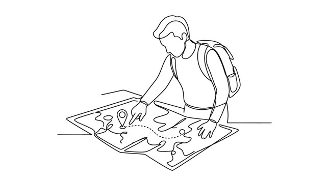 Continuous line drawing of a traveler with a backpack looking at a map and pointing at a location, travel planning concept, adventure and navigation theme