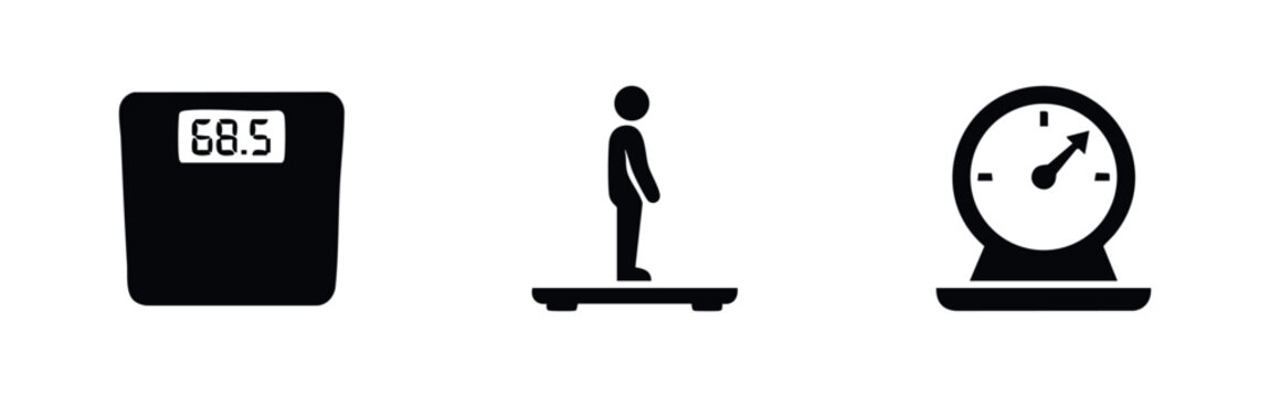 Set of minimalist black icons featuring a digital bathroom scale, a person being weighed, and an analog dial scale on a white background.