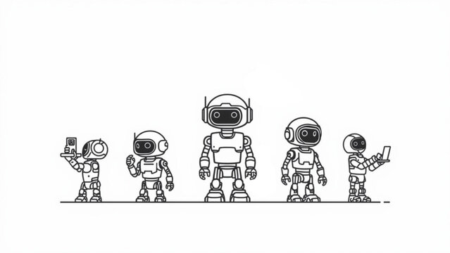 A diverse group of cartoon robots of various sizes and designs, standing in a line, showcasing a collection of futuristic androids with unique personalities and styles