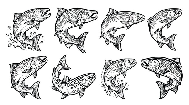 Set of salmon fish jumping, hand drawn vector illustration