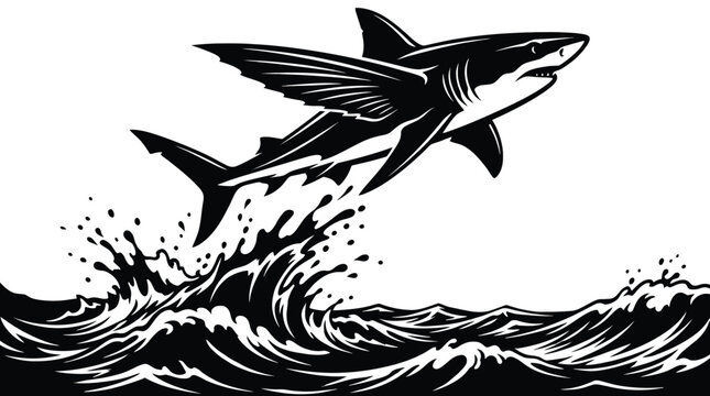 Flying shark jumping out of the water, vector illustration