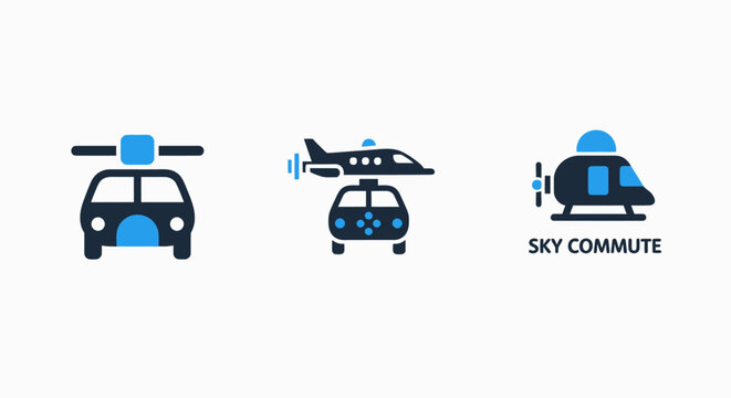 Sky commute flying car e vtol icons for future urban air mobility and advanced aerial transportation concepts with vertical takeoff drone taxi smart city transport system zero emission aircraft