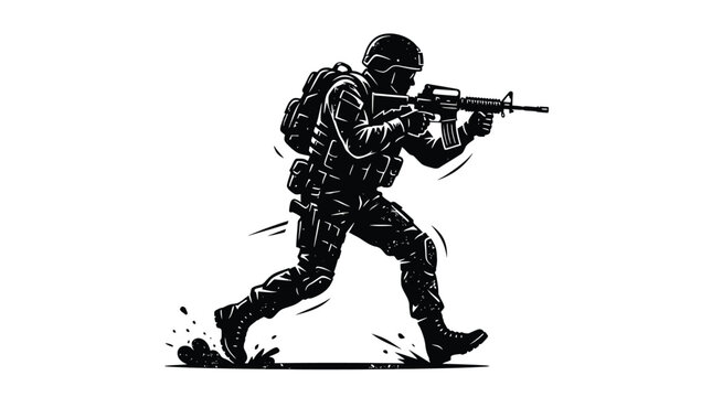 Silhouette of a soldier running in tactical gear with a rifle, dynamic military action pose, combat infantryman in motion, black and white vector illustration