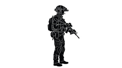 Silhouette of a soldier in full tactical gear, wearing a helmet with night vision goggles, carrying an assault rifle, standing in a ready position, vector illustration © Hikari Vector Studio
