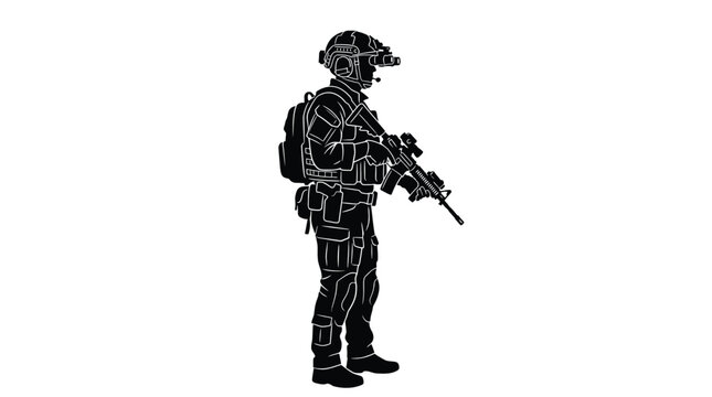 Silhouette of a soldier in full tactical gear, wearing a helmet with night vision goggles, carrying an assault rifle, standing in a ready position, vector illustration