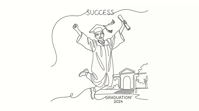 Continuous line drawing of a happy graduate student jumping with a diploma, celebrating success, graduation concept, vector illustration