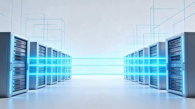 Rows of server racks with glowing blue connections