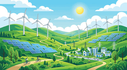 Sustainable green energy landscape with wind turbines and solar panels, ecofriendly city with electric cars and cyclists in a sunny valley, vector illustration © Hikari Vector Studio