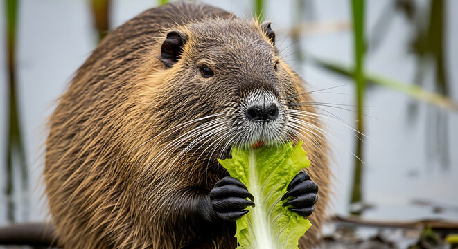 Nutria rodent eating a green lettuce leaf with its paws animal mammal
