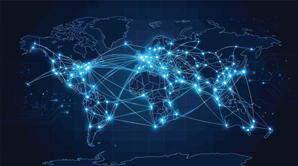 Global network connection, world map with glowing lines and dots, digital technology communication concept, vector illustration © Hikari Vector Studio