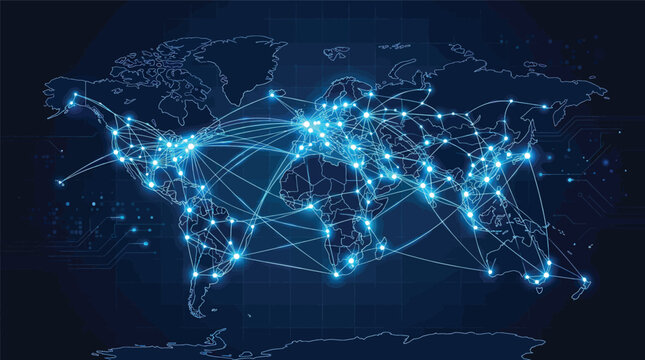 Global network connection, world map with glowing lines and dots, digital technology communication concept, vector illustration