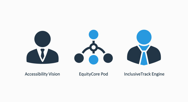 Corporate diversity equity and inclusion icons featuring accessibility vision equity core pod and inclusive tech engine themes for organizational social responsibility inclusion accessibility