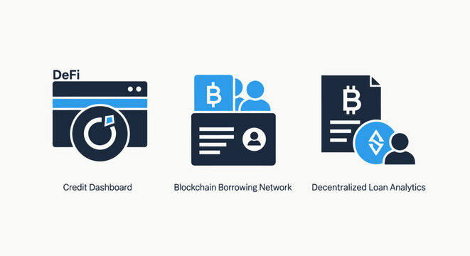 Cryptocurrency and blockchain technology icons illustrating decentralized finance defi platforms mining networks and decentralized applications with cryptocurrency blockchain technology application