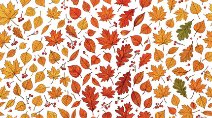 Obraz premium Seamless Autumn Leaves Pattern with Red Orange Yellow Maple and Oak Foliage and Red Berries on White Background