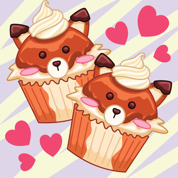 kawaii_fox_cupcake_with_cream_topping.eps