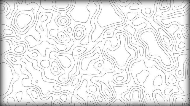 Abstract topographic map background animation with black wavy lines moving smoothly on white surface creating organic terrain pattern and contour elevation flow for creative projects.