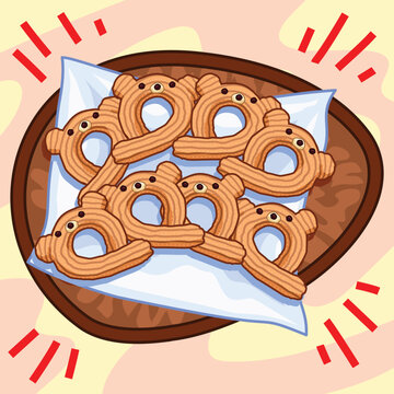 bear_churros_cream_raisins_wooden_plate_cute.eps