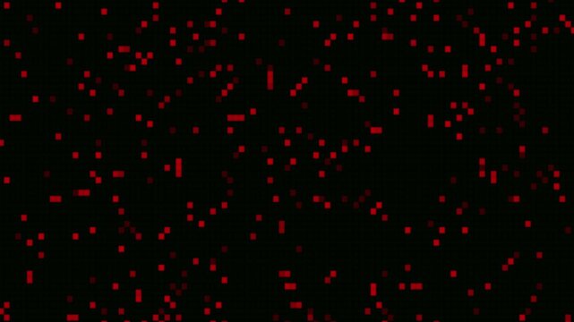 Red digital noise data blocks flicker across black background in cinematic motion graphics footage suitable for technology glitch concepts cyber security and retro computing aesthetics.