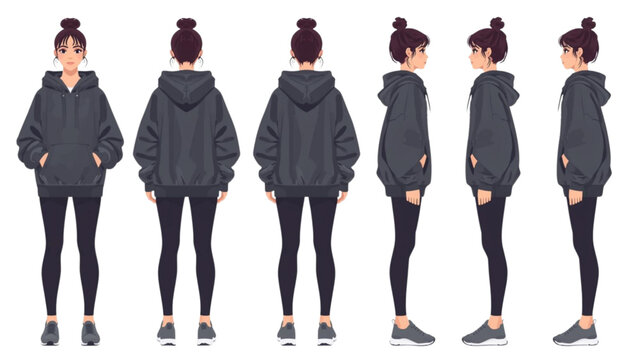 Full body view of a young woman in a black hoodie and leggings, displayed from multiple angles for character reference