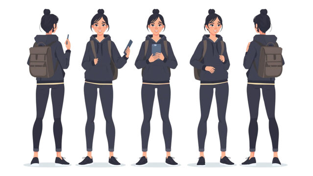 Front, Back, and Side View of a Young Woman with Smartphone and Backpack - Casual and Active Lifestyle Character Illustration