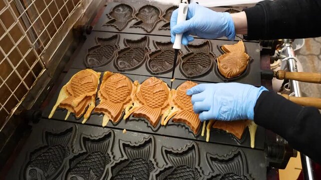 Street Vendor Preparing Taiyaki Fish Shaped Cakes in Osaka Japan