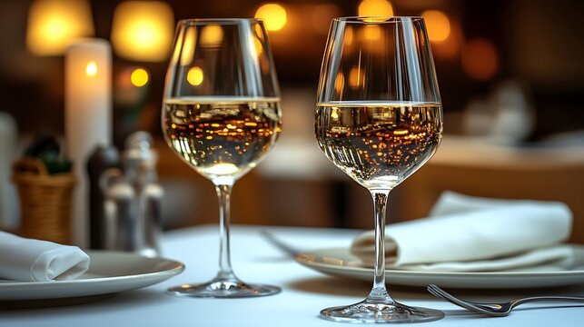 Two Elegant Wine Glasses on a Romantic Restaurant Table.