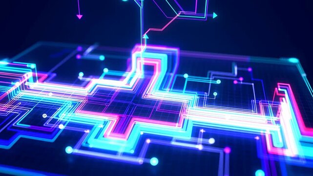 Abstract glowing circuit board lines, digital data flow, futuristic technology background, neon blue and pink