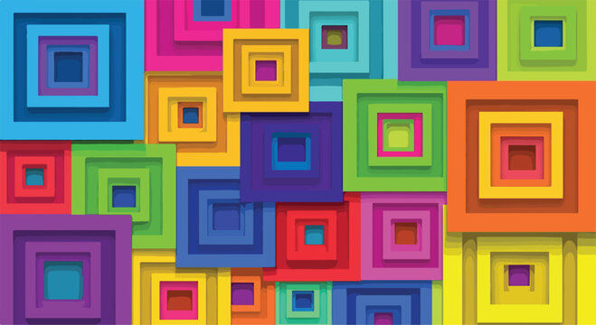 A colorful abstract composition of layered squares in various sizes