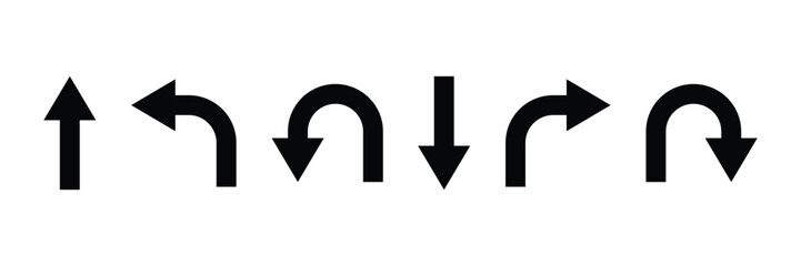 Direction icon set. U turn arrow icon set. Go straight, this way, one way only U turn, left and right arrow icons. Vector illustration. © Khuki
